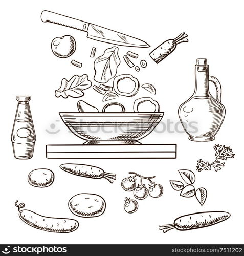 Cooking salad process showing bowl with sliced fresh vegetables surrounded by whole carrots, cucumber, tomatoes, potatoes, spicy herbs, bottles of olive oil and soy sauce. Vector sketch. Vector sketch of cooking salad process