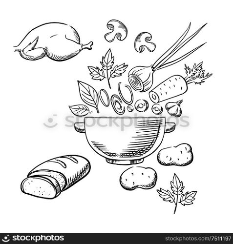 Cooking salad process with a roast chicken, bread, fresh carrot, onion and mushrooms being sliced into a dish. Vector sketch. Sketch of cooking a dinner salad