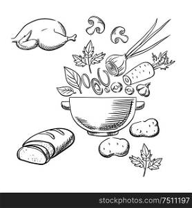Cooking salad process with a roast chicken, bread, fresh carrot, onion and mushrooms being sliced into a dish. Vector sketch. Sketch of cooking a dinner salad