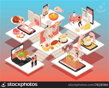 Cooking school blog composition with set of isometric platforms with cook images dishes and electronic gadgets vector illustration