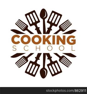 Cooking school masterclass logo template of chef cooking utensils and cutlery. Vector isolated icon of kitchenware fork, knife and ladle or spatula for professional kitchen cook workshop. Cooking school class vector icon template of cook kitchen chef utensils