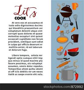 Cooking school poster template design of chef cook kitchenware and gourmet dish utensils. Vector kitchen saucepan, bowls and plates, barbecue grill stove and cutlery knife or fork. Cooking vector poster of chef cook utensils