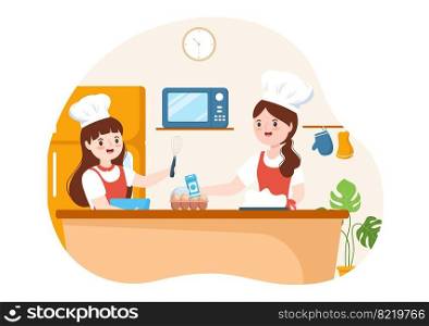 Cooking School With Kids and Teacher in a Class Learning to Learn Cooks Homemade Food on Flat Cartoon Hand Drawn Templates Illustration