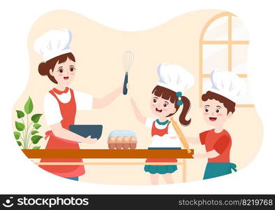 Cooking School With Kids and Teacher in a Class Learning to Learn Cooks Homemade Food on Flat Cartoon Hand Drawn Templates Illustration