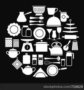 Cooking set in circle template of modern silhouette icons home tableware, household and kitchen utensils for banner