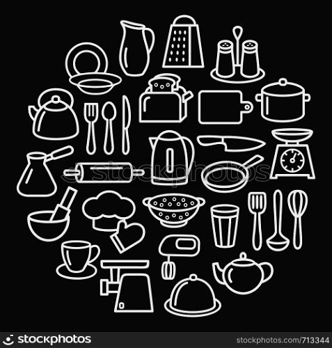Cooking set in circle template of modern thin line icons home tableware, household and kitchen utensils for banner