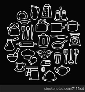 Cooking set in circle template of modern thin line icons home tableware, household and kitchen utensils for banner