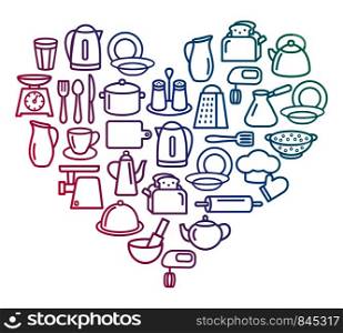 Cooking set in heart template of modern thin line icons home tableware, household and kitchen utensils for banner