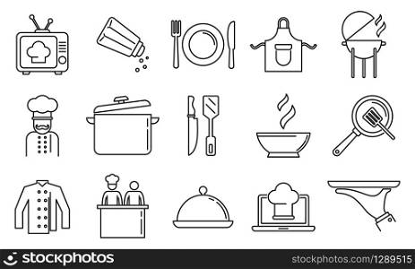 Cooking show bakery icons set. Outline set of cooking show bakery vector icons for web design isolated on white background. Cooking show bakery icons set, outline style
