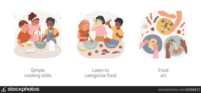 Cooking skills in early education isolated cartoon vector illustration set. Simple cooking skills, learn to categorize food, food art, nutrition in kindergarten, daycare center vector cartoon.. Cooking skills in early education isolated cartoon vector illustration set.