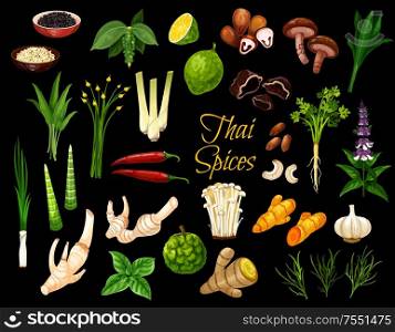 Cooking spices, Thai cuisine herbs and seasonings. Vector Thailand spices, condiments ans herbal flavorings, ginger root, lemongrass and kaffir lime, coriander, lotus and shiitake mushrooms. Thai spices, herbs and cooking condiments