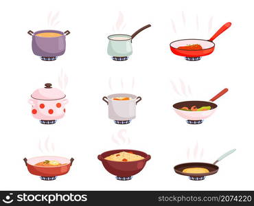 Cooking stove. Boiling processes kitchen utensils for well food on pan nowaday vector product preparing flat illustrations. Cooking in pan, boil and frying, dinner preparing. Cooking stove. Boiling processes kitchen utensils for well food on pan nowaday vector product preparing flat illustrations