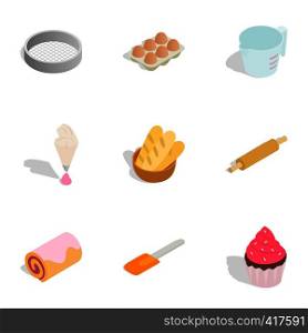 Cooking sweet desserts icons set. Isometric 3d illustration of 9 cooking sweet desserts vector icons for web. Cooking sweet desserts icons set