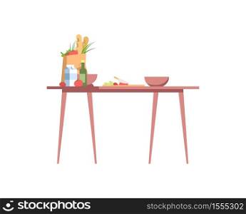 Cooking table semi flat RGB color vector illustration. Vegetarian meal, salad ingredients on kitchen desk isolated cartoon object on white background. Healthy eating, organic vegan diet. Cooking table semi flat RGB color vector illustration