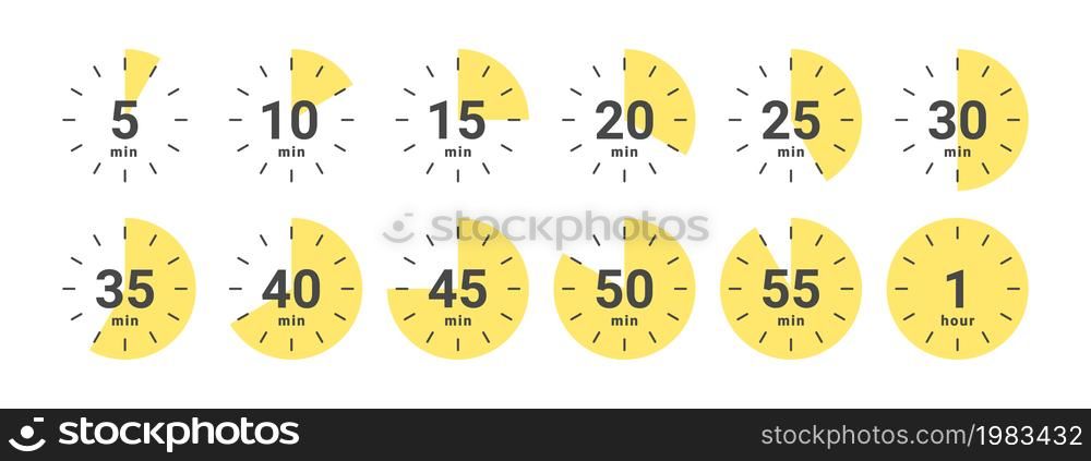 Cooking time icons for food. Stopwatch icons. Icons of Time in minutes. Vector illustration