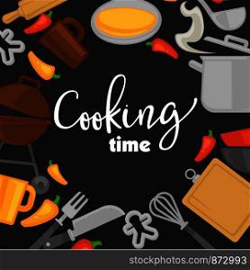 Cooking time poster cook kitchenware and baking kitchen utensils. Vector flat icons of saucepan, bowls and plates, cutlery knife or fork and spoon or whisk and barbecue grill stove. Cooking time vector poster of chef cook utensils