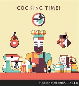Cooking time poster with happy male chef on kitchen with utensils vector illustration