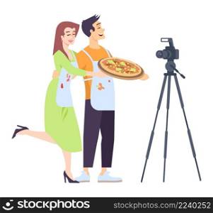 Cooking together semi flat RGB color vector illustration. Happy couple showing pizza on camera isolated cartoon characters on white background. Cooking together semi flat RGB color vector illustration