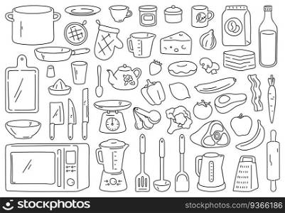 Cooking tools and ingredients. Food prepare, kitchen cookware and utensil. Outline spoon, knife, bowl and plate. Culinary vector doodle set. Appliances as microwave oven and blender. Cooking tools and ingredients. Food prepare, kitchen cookware and utensil. Outline spoon, knife, bowl and plate. Culinary vector doodle set