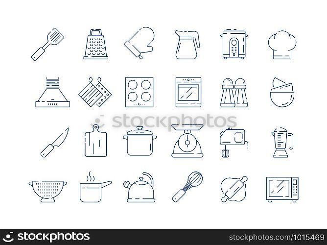 Cooking tools icon. Cook mittens household set for kitchen pan scoops spoon and fork scale vector thin symbols isolated. Kitchen household and cooking kitchenware utensil illustration. Cooking tools icon. Cook mittens household set for kitchen pan scoops spoon and fork scale vector thin symbols isolated
