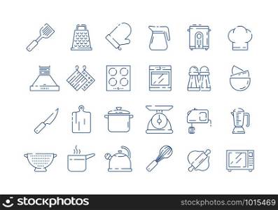 Cooking tools icon. Cook mittens household set for kitchen pan scoops spoon and fork scale vector thin symbols isolated. Kitchen household and cooking kitchenware utensil illustration. Cooking tools icon. Cook mittens household set for kitchen pan scoops spoon and fork scale vector thin symbols isolated