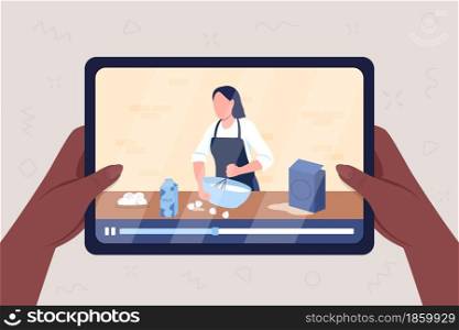 Cooking tutorial online flat color vector illustration. Preparing food and baking on streaming video. E learning for hobby. Teaching chef 2D cartoon character on tablet display background. Cooking tutorial online flat color vector illustration