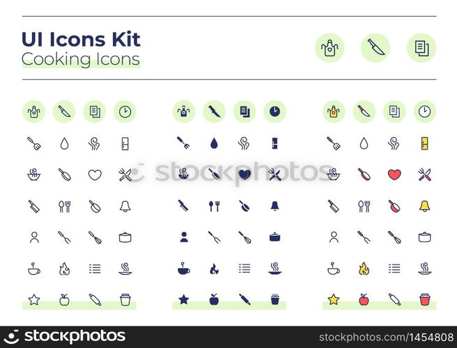 Cooking UI icons kit. Meal preparation thin line, glyph and color vector symbols set. Dinner recipe. Fork and plate. Food mobile app buttons in mint circles pack. Web design elements collection. Cooking UI icons kit