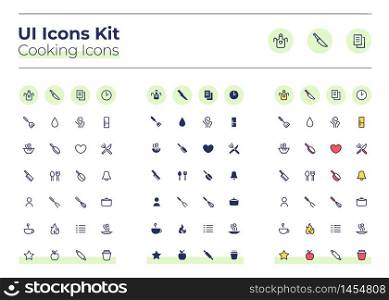 Cooking UI icons kit. Meal preparation thin line, glyph and color vector symbols set. Dinner recipe. Fork and plate. Food mobile app buttons in mint circles pack. Web design elements collection. Cooking UI icons kit