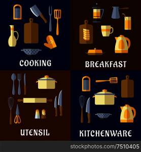 Cooking utensil and kitchenware flat icons of pots, kettles, knives, tea and coffee pots, cutting boards, spatulas, forks, spoons, graters, whisks and other tools. Cooking utensil and kitchenware flat icons