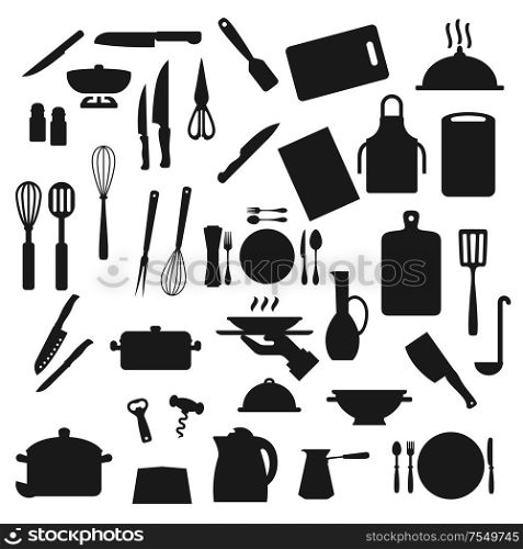 Cooking utensils, kitchen cutlery and kitchenware silhouette icons. Vector home cook utensils and cookware, saucepan ladle, cup mug, fork and knife, ladle and whisk, spoon and cooking apron. Kitchen utensils, cooking kitchenware and cutlery