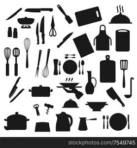 Cooking utensils, kitchen cutlery and kitchenware silhouette icons. Vector home cook utensils and cookware, saucepan ladle, cup mug, fork and knife, ladle and whisk, spoon and cooking apron. Kitchen utensils, cooking kitchenware and cutlery