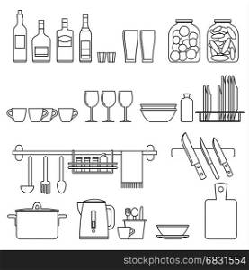Cooking utensils line illustration. Kitchenware line icons. Vector thin illustration of cooking utensils.