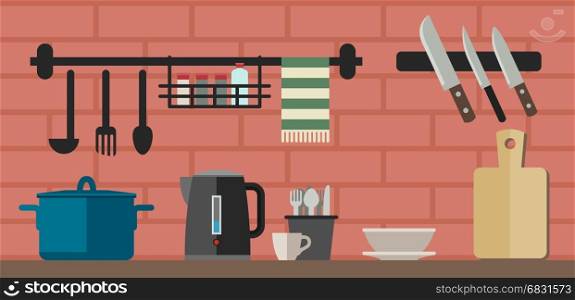 Cooking utensils on kitchen table.. Kitchenware flat icons. Vector illustration of kitchen counter with cooking utensils.