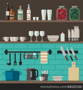 Cooking utensils on shelves.. Kitchenware flat icons. Vector illustration of kitchen shelves with cooking utensils.