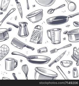 Cooking utensils seamless pattern. Sketch kitchen tool, kitchenware. Pan, knife and fork, grater chef utensils vector gastronomy texture or doodle wallpaper for restaurant product. Cooking utensils seamless pattern. Sketch kitchen tool, kitchenware. Pan, knife and fork, grater chef utensils vector gastronomy texture