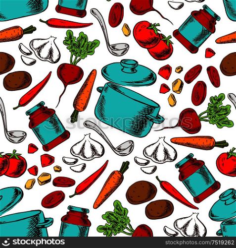 Cooking vegetarian soup with ingredients and kitchen utensils seamless pattern with tomato, potato, beet, carrot, chilli pepper, garlic and tomato sauce, pot and ladle. Cooking seamless pattern with ingredients
