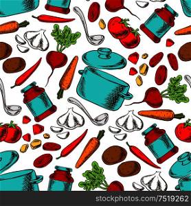 Cooking vegetarian soup with ingredients and kitchen utensils seamless pattern with tomato, potato, beet, carrot, chilli pepper, garlic and tomato sauce, pot and ladle. Cooking seamless pattern with ingredients