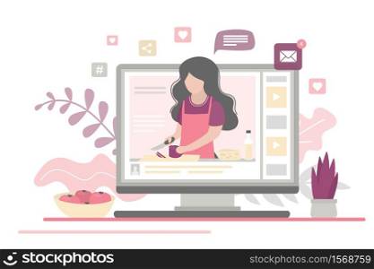 Cooking video blog on monitor display. Food blogger tells how to cook a dish. Woman chef teaches cooking a new recipe. Female vlogger character on modern kitchen. Trendy Vector illustration