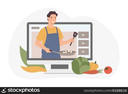 Cooking video vlog, guide to prepare class food. Vlog online, internet video by blogger cooking, blog channel on kitchen with chef tutorial. Vector Illustration. Cooking video vlog, guide to prepare class food