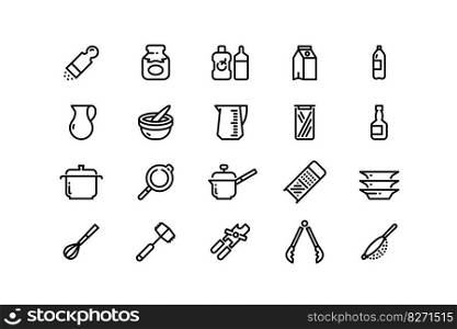 Cooking ware line icons. Kitchen utensils and accessories ketchup and mustard sauces, measuring cup pot frying pan and food containers. Vector editable stroke of kitchenware utensil line illustration. Cooking ware line icons. Kitchen utensils and accessories ketchup and mustard sauces, measuring cup pot frying pan and food containers. Vector editable stroke