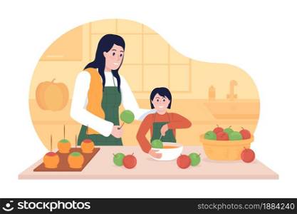 Cooking with child in fall 2D vector isolated illustration. Preparing candy apples in kitchen. Mother with kid spending time together flat characters on cartoon background. Fall treats colourful scene. Cooking with child in fall 2D vector isolated illustration