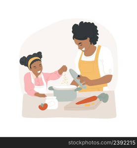 Cooking with mom isolated cartoon vector illustration Child cooking with mom, kitchen help, parental child care, household activity, homebased daycare, make food vector cartoon.. Cooking with mom isolated cartoon vector illustration