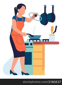 Cooking woman in kitchen. Person open pan and holding lid isolated on white background. Cooking woman in kitchen. Person open pan and holding lid