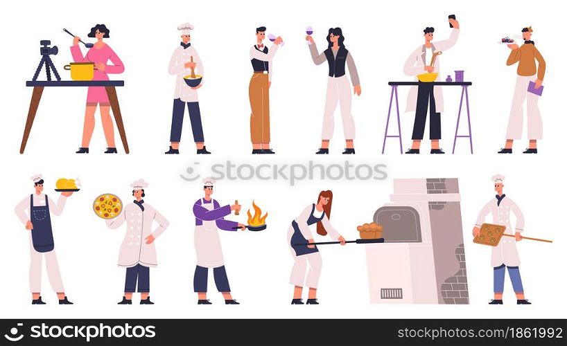 Cooks, chefs, sommelier, food critic and food bloggers. Food review, restaurant chef, wine sommelier and food experts vector Illustration set. Culinary cook characters at kitchen, cook for restaurant. Cooks, chefs, sommelier, food critic and food bloggers. Food review, restaurant chef, wine sommelier and food experts vector Illustration set. Culinary cook characters