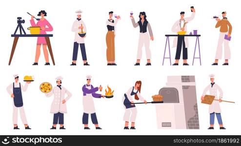 Cooks, chefs, sommelier, food critic and food bloggers. Food review, restaurant chef, wine sommelier and food experts vector Illustration set. Culinary cook characters at kitchen, cook for restaurant. Cooks, chefs, sommelier, food critic and food bloggers. Food review, restaurant chef, wine sommelier and food experts vector Illustration set. Culinary cook characters