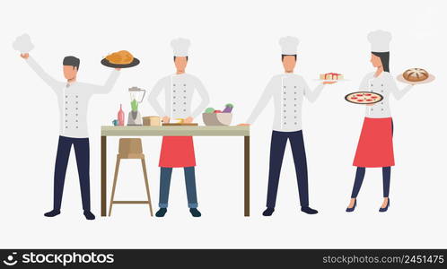 Cooks with dishes in restaurant kitchen. Dinner, cuisine, food concept. Vector illustration can be used for topics like catering, culinary, cooking. Cooks with dishes in restaurant kitchen