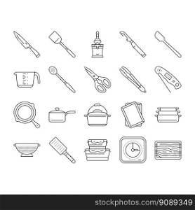cookware kitchen cooking food icons set vector. kitchenware home, equipment interior, pot design, modern cook, clean utensil, pan cookware kitchen cooking food black contour illustrations. cookware kitchen cooking food icons set vector