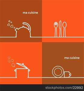 Cookware Set kettle, pot, spoon, fork, knife, cup, saucer.