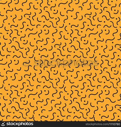 Cool abstract hipster style memphis seamless pattern. Trendy minimal texture with black wavy line and dot on orange background. Vector illustration in neo memphis art style for fashion fabric print. Black waves memphis style orange seamless pattern