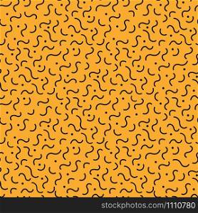 Cool abstract hipster style memphis seamless pattern. Trendy minimal texture with black wavy line and dot on orange background. Vector illustration in neo memphis art style for fashion fabric print. Black waves memphis style orange seamless pattern
